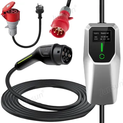Image de Chargeur EV Junsun 11 kW Type 2 triphasé - Câble 6 m, écran LCD, réglable 6-16A, sacoche et adaptateur inclus