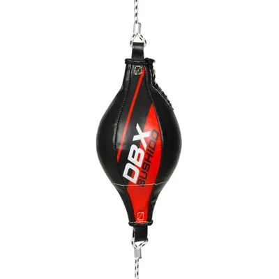 A black and red speed bag hanging from a rope against a white background.