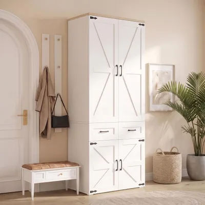Productafbeelding van Kledingkast met lades, meerlaagse garderobe met deur en kledingroede, moderne kast met opbergruimte, 90 x 50 x 200 cm, wit, MDF, AI-gegenereerde afbeelding