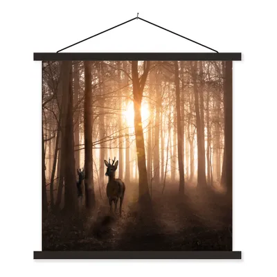 Produktbild von MuchoWow® Textilposter Wald - Hirsche - Sonne - Bäume - Winter - Natur - Tiere 60x60 cm mit schwarzem Rahmen - Posteraufhänger