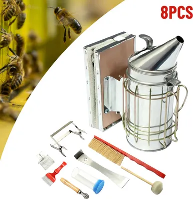 Produktbild von Imkerwerkzeug - 8-Teiliges Set - Edelstahl-Bienen-Smoker - Königinnenfänger - Entdeckelungsgabel - 1,55 kg - Weiß