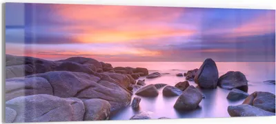 Produktbild von DEQORI Glasbild Echtglas 125x50 cm 'Küstenfelsen in Abendröte' Wandbild Bild modern Deko