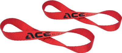 Two red tie-down straps with the "ACE BIKES" logo printed on them, arranged in a figure-eight shape against a white background.