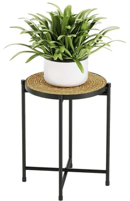 Productafbeelding van Metalen bloemenstandaard/plantenstandaard met gevlochten plateau, moderne bloementafel voor binnen en buiten, plantenrek voor woonkamer, terras en balkon