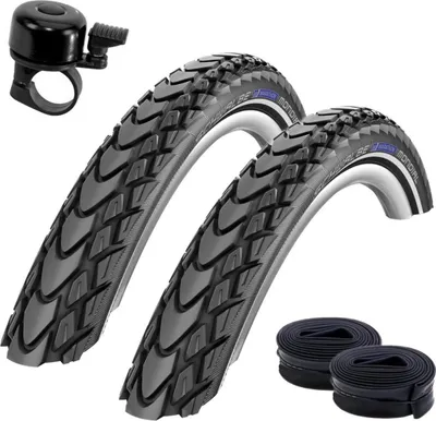 Produktbild von 2 x Schwalbe Marathon Mondial Fahrradreifen RaceGuard Pannenschutz mit Reflexstreifen 50-559 (26 x 2,00") + 2 Schwalbe DV13 Schläuche inkl. Fahrradklingel