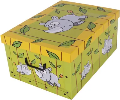 Produktbild von Aufbewahrungsbox Midi Zoo Nashorn mit Deckel/Griff 37x30x16cm Allzweckkiste Pappbox Aufbewahrungskarton Geschenkbox