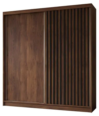 Produktbild von 200 cm Kleiderschrank Erika mit Lamellen ohne Spiegel Schwebetürenschrank Kleiderstange Garderobe (Farbe: Nuss Warmia, schwarz)