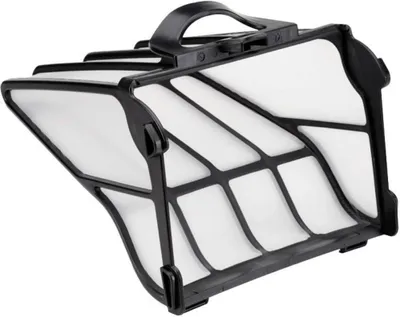 A black and white filter basket for a pool cleaner.
