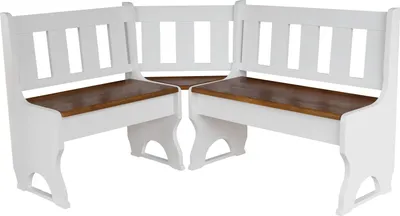 A white corner bench with brown wooden seats against a white background.