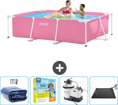 Produktbild von Intex-Schwimmbecken mit rechteckigem Rahmen – 220 x 150 x 60 cm – Rosa – im Lieferumfang enthalten Sonnensegel - Wartungspaket - Filterpumpe für Schwimmbad - Solarmatte
