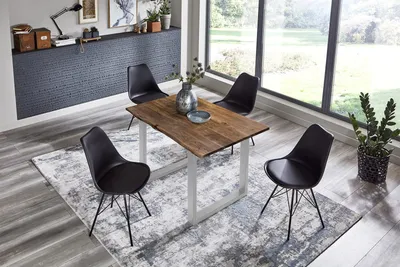 Produktbild von 5tlg. Essgruppe Billy 100 x 70 cm, Akazienholz massiv, nussbaumfarben, Baumkantentisch mit U-Gestell in Silber + 4X Schalenstuhl Lerche in Schwarz