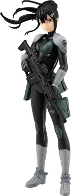 A full-body shot of a female anime figurine holding a rifle.