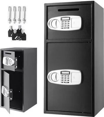 Image de Armoire électronique double Happyment – Coffre-fort 2 en 1 – Serrure électronique à combinaison – Résistante au feu et à l'eau – Compartiment pour clés et documents – Noir – 25 kg