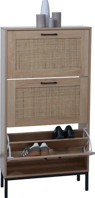 A shoe cabinet with rattan fronts and multiple shelves, displayed against a white background.