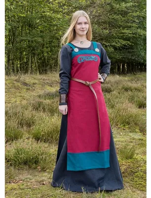 Immagine prodotto di Abito vichingo a bretella / grembiule Hilja con ricamo, rosso in cotone - Abito medievale - Abito LARP taglia: XXL