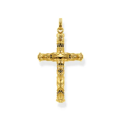 A gold-plated silver cross pendant with black stones.