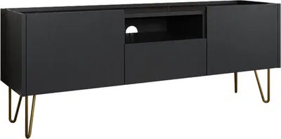 Produktbild von MIRJAN24 TV-Lowboard Narine RTV144 mit Schublade und 2-Türen, Gold pulverbeschichtet Füße, Ohne Griffe (Farbe: Schwarz Graphit / Schwarz Graphit + Marmor Schwarz Royal)
