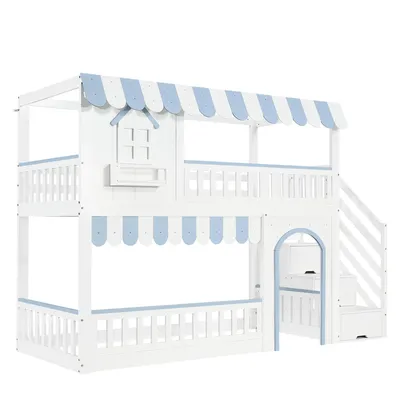 Produktbild von Flieks Etagenbett 90x200cm mit Fenster, Kinderbett Hausbett mit Treppe und Schubladen, Kinder Hochbett Einzelbett mit Rausfallschutz, Weiß