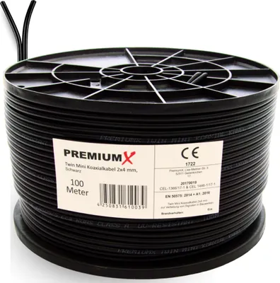 Produktbild von PremiumX 100m Sat Koaxial Kabel 90dB Twin Mini 2 x 4mm Schwarz Antennenkabel 2-fach geschirmt