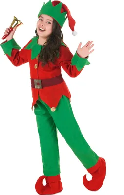A young girl dressed as a Christmas elf, holding a bell.