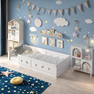 Produktbild von INONEFT Bodenbett 90x200 cm Kinderbett mit Rausfallschutz & Lattenrost, Montessori Bett für Jungen & Mädchen aus Holz Kiefer, Weiß Holzbett