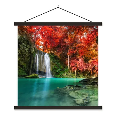 Produktbild von MuchoWow® Textilposter Wasserfall - Baum - Rot - Herbst - Wasser 40x40 cm mit schwarzem Rahmen - Fotos