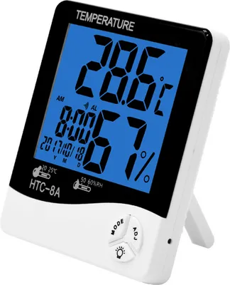 Obrázek produktu pro Digitální vlhkoměr Teploměr Vnitřní monitor teploty Vnitřní monitor vlhkosti Podsvícený LCD displej Meteostanice Budík s hodinovým kalendářem a pamětí Max Min HTC-8A