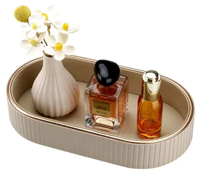 Produktbild von Badezimmer Tablett, Ovales Leder Deko Tablett für Schmuckablage, Taschenleerer und Ablageschale für Schminktisch, Seifenspender, Toilette, Badewanne, Kerzen, Küchenspüle (Beige)