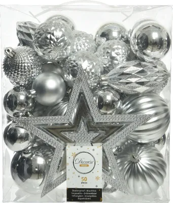 Produktbild von Weihnachtskugeln Kunststoff mit Christbaumstern 50er Set - Silber