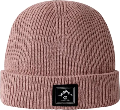 A close-up studio shot of a pink beanie.