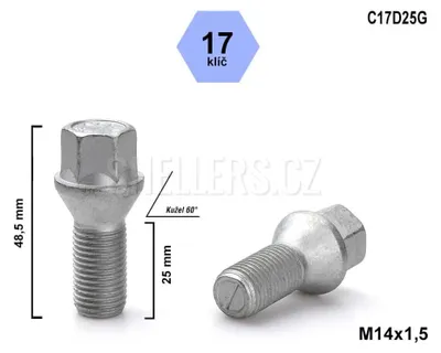 Obrázek produktu pro Kolový šroub M14x1,5x25 kuželový, klíč 17, C17D25G, výška 48,5 mm