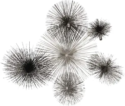A collection of metallic, spiky decorative objects resembling dandelions or sea urchins, arranged in a cluster against a white background.