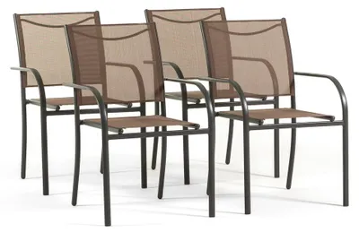 Immagine prodotto di Set da 4 sedie da giardino impilabili con braccioli in acciaio e 2x1 Textilene per terrazze, balconi, verande, bar e ristoranti, salvaspazio e resistenti alle intemperie per uso esterno – Elena/Marrone