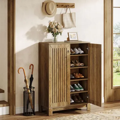 Image de Armoire à chaussures Tribesigns avec portes, étagère à chaussures à 5 niveaux, meuble de rangement pour chaussures en bois, idéal pour l'entrée, le salon ou le couloir, en bois naturel