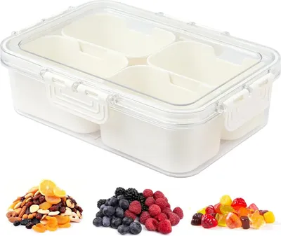 Produktbild von Snackbox mit Fächern, Snack Aufbewahrungsbox, Snackschale mit Deckel, Snackteller mit 4 Fächern Küche Gewürze Box Kunststoff Snackschale für SüßIgkeiten Candy Veggie Keks Nüsse