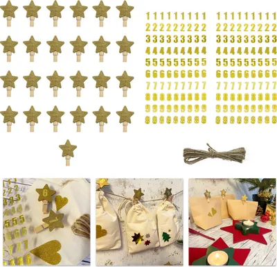 Produktbild von Oblique Unique 25 Stern Klammern und Zahlen Sticker Aufkleber für Weihnachten Adventskalender Deko DIY Kalender Basteln - gold