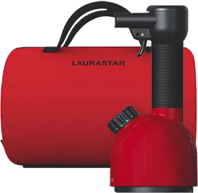 A red portable steam iron and its red storage bag are displayed against a white background.