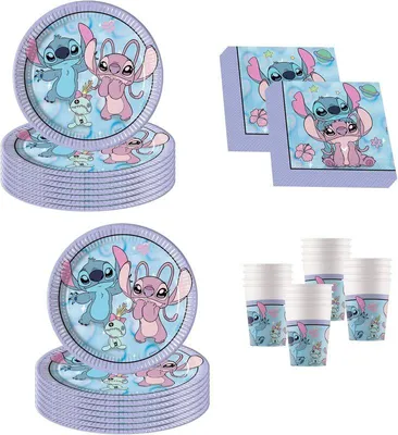 Produktbild von Disney Stitch & Angel Geburtstagsdeko, 52-teilig, Pappteller, Becher und Servietten für Kindergeburtstag, Partygeschirr