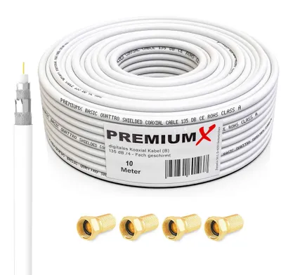 Produktbild von PremiumX 10m BASIC Koaxialkabel 135dB 4-fach SAT Koax Kabel 4x F-Stecker