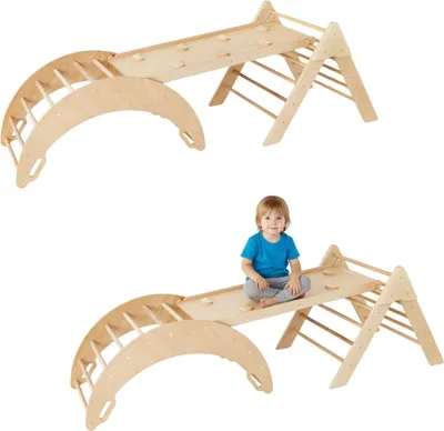 Zdjęcie produktu dla Łuk wspinaczkowy drewniana huśtawka + zjeżdżalnia dwustronna + trójkąt wspinaczkowy dla dzieci | plac zabaw | zabawki Montessori | bujak
