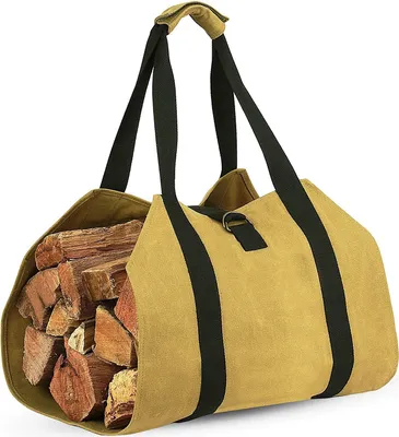 Produktbild von Canvas Brennholz Log Tragetasche, Kaminholztasche Wasserdicht Outdoor, Kamin Brennholz Aufbewahrungstasche, Kaminofen Zubehör für Drinnen und Draußen, Lagerfeuer, Camping, Reisen (Gelb)