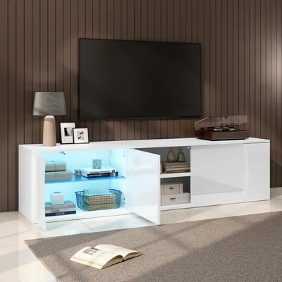 Obrázek produktu pro okwish TV skříňka, lowboard s LED osvětlením a 3 dvířky, skříň do obývacího pokoje s úložným prostorem a skleněnou přepážkou, bílá