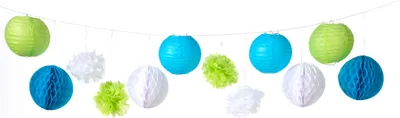 Produktbild von heimtexland ® Party Deko Set Pompoms Papier Lampions Wabenbälle Dekoration Hochzeit Taufe Geburtstag Girlande Hängedeko Typ863 Grün Blau 12 Teile