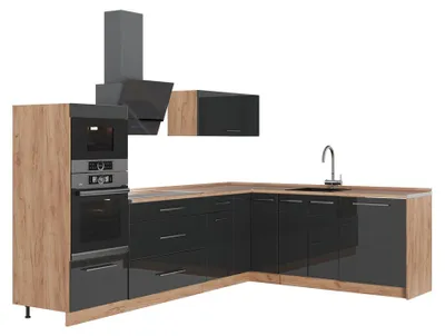 Immagine prodotto di Cucina angolare completa Vicco Fame-Line Antracite lucido/Rovere dorato 287 x 207 cm senza piano di lavoro, Model 63496