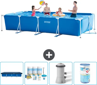 Produktbild von Intex-Schwimmbecken mit rechteckigem Rahmen – 450 x 220 x 84 cm – Blau – im Lieferumfang enthalten Abdeckung - Wartungspaket - Filterpumpe für Schwimmbad - Filter