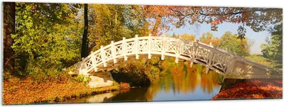 Produktbild von Bilder auf glas - Stream Fußgängerbrücke Herbst - 160x50cm - Glasbilder - Wandbilder - Kunstdruck - zum Aufhängen bereit - Wanddekoration aus Glas - Glas Bilder - Wandbild auf Glas - GAB160x50-2654