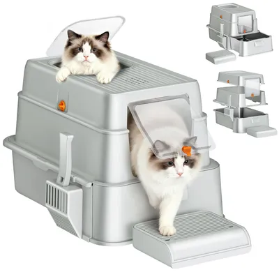 Produktbild von Katzenklo Edelstahl mit Schublade XXL, Hellgrau Geschlossene Metall Katzentoilette mit Deckel, mit Pedal und Schaufel, 65 x 44 x 40 cm