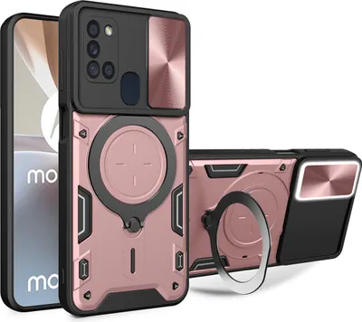 Produktbild von Handyhülle für Samsung Galaxy A21s  Dual-Layer Stoßfest Rüstung Hülle mit Dia Kameraschutz und Kreisförmig Ring Ständer Roségold