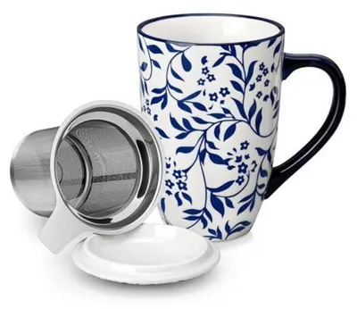 Produktbild von Teetasse mit Deckel und Sieb, 540ml Keramik, Blau-Weiß Blumenmuster