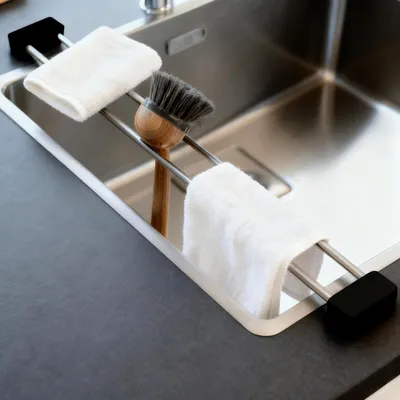 Imagen del producto de Desagüe de acero inoxidable desmontable, extensible y multifuncional, ideal para la organización de la cocina